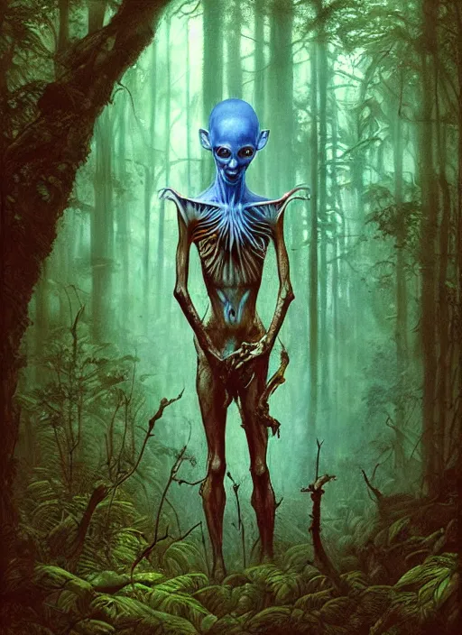 Image similar to hyper realistic magic alien in the woods in a river gorgeous lighting, lush forest foliage blue sky a hyper realistic ink drawing by chiara bautista and beksinski and norman rockwell and greg rutkowski, tom bagshaw weta studio, and lucasfilm