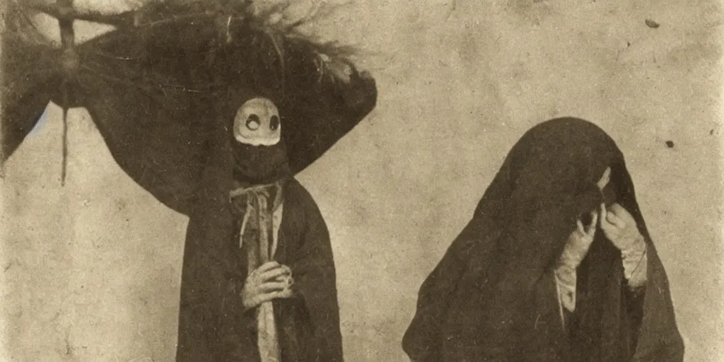 Image similar to hermit wearing a scary mask, 1900s picture