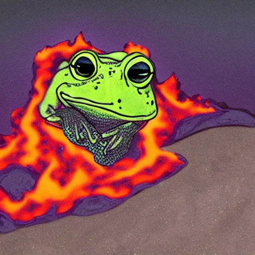 Prompt: frog screaming at an ocean of lava split in two