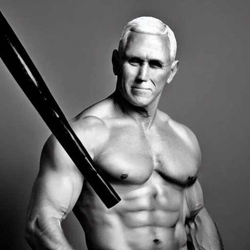 Prompt: a photo of a shirtless, muscular, mike pence, intimidatingly holding a baseball bat. professional photo shoot.
