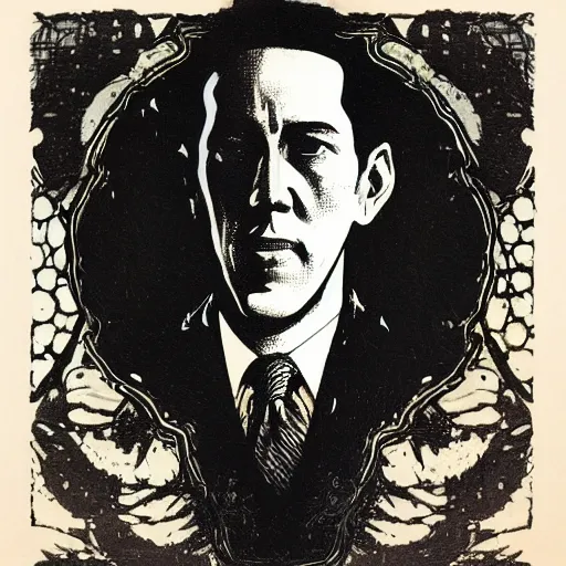 Prompt: portrait of hp lovecraft, hanafuda oil on canvas by ivan shishkin, james jean and yoji shinkawa