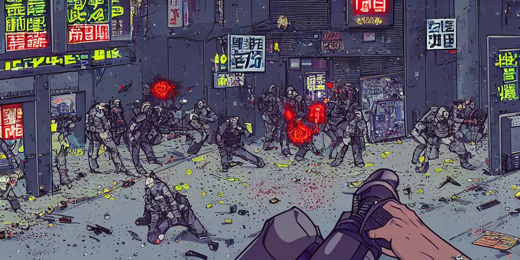 Prompt: 1990 Video Game Screenshot, Anime Neo-tokyo Cyborg bank robbers vs police, Set in Cyberpunk Bank Lobby, bags of money, Multiplayer set-piece :9, Police officers hit by bullets, Police Calling for back up, Bullet Holes and Blood Splatter, :6 ,Hostages, Smoke Grenades, Riot Shields, Large Caliber Sniper Fire, Chaos, Cyberpunk, Money, Anime Bullet VFX, Machine Gun Fire, Violent Gun Action, Shootout, Escape From Tarkov, Intruder, Payday 2, Highly Detailed, 8k :7 by Katsuhiro Otomo + Sanaril : 8