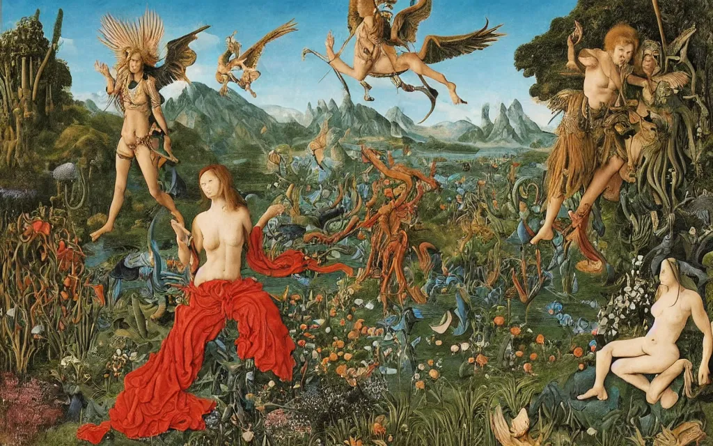 Image similar to a portrait photograph of a meditating harpy and a centaur king riding winged serpents and hugging animals at a river delta. surrounded by bulbous flowers, animals and trees. mountains range under a blue sky of burning stars. painted by jan van eyck, max ernst, ernst haeckel and ernst fuchs, cgsociety, fashion editorial, 8 k