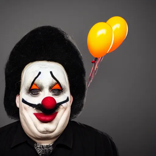 Image similar to a vintage studio portrait of a sad clown with balloons behind him, black background, chiaroscuro lighting, close up portrait, shallow depth of field, 8 0 mm, f 1. 8