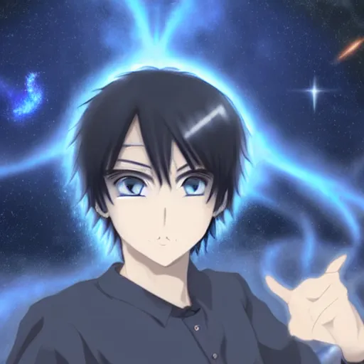 Image similar to a dark blue haired anime boy with deep blue eyes, with an indigo - tinted cosmic background