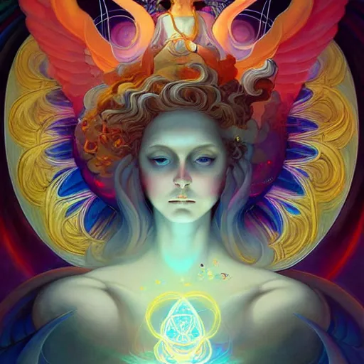 Image similar to psychedelic angelic celestial being artwork of peter mohrbacher, frank xavier leyendecker, energy body, sacred geometry, esoteric art, divinity detailed, saturated colors,