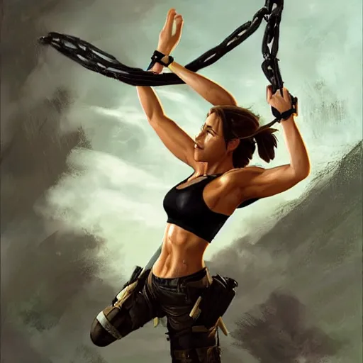 Image similar to Lara Croft doing a backflip, painted by Mark Brooks and Charlie Bowater