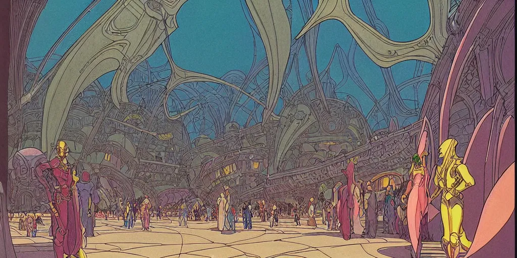 Image similar to cel shaded cinematic shot, matte illustration, the interior of a sci - fi space station with ornate elven architecture bustling with people, epic castle, emerald, crystalline, detailed illustration, sharp focus, crisp lines, art by moebius, jean giraud moebius comic illustration