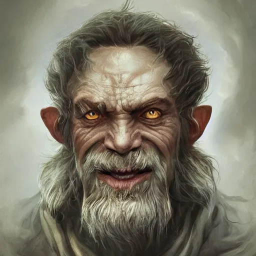 Prompt: a detailed matte head - on portrait painting of a sweet ugly old hobbit man, with a large scar and missing teeth portrait by charlie bowater, lise deharme, wlop, tending on arstation, dungeons and dragon, dnd, pathfinder, fanart, oil on canvas