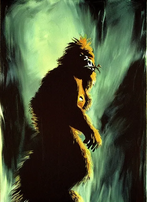 Image similar to raging bigfoot, smoking meth, painting by phil hale, fransico goya, david lynch,'action lines '!!!, graphic style, visible brushstrokes, motion blur, blurry