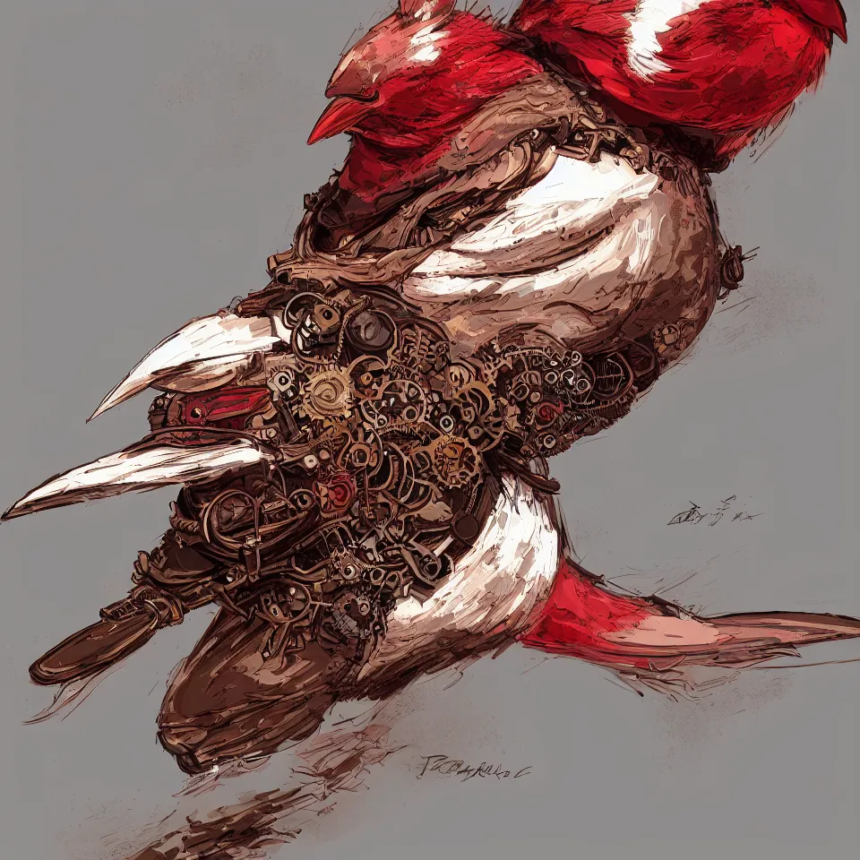 Image similar to a detailed concept art steampunk of a bust bird, gradient dark red, cream and white color scheme, dynamic lighting, cinematic, epic composition, masterpiece