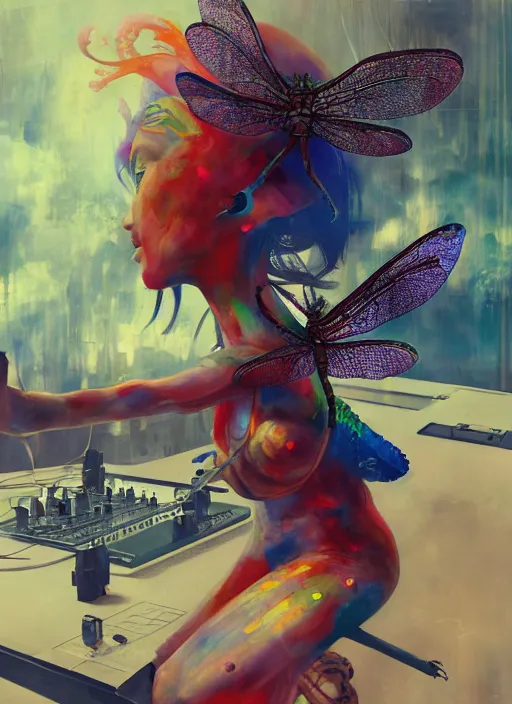 Prompt: surreal gouache painting, by yoshitaka amano, by ruan jia, by Conrad roset, by good smile company, detailed anime 3d render of a Colorful Giant dragonfly sitting on a DJ mixer, portrait, cgsociety, artstation, rococo mechanical and electronic, dieselpunk atmosphere