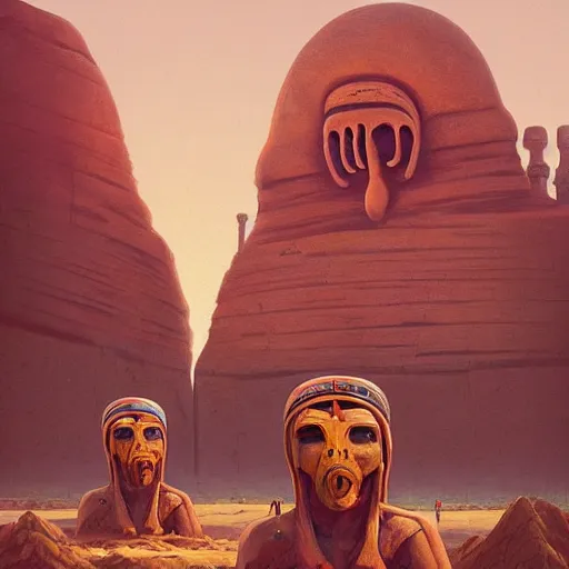 Prompt: beautiful painting of ancient colossal heads towering over wanderers in a desert of salt in the style of Simon Stålenhag and H. R. Giger, detailed, trending on Artstation