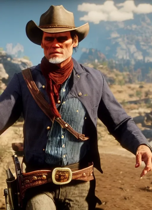 Image similar to film still of jim carrey in red dead redemption 2 ( 2 0 1 8 video game )