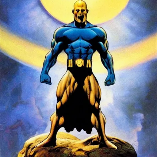 Image similar to painting by Frank Frazetta of Christian Bale as Dr. Manhattan in Watchmen