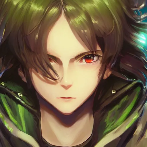 Image similar to insanely detailed. by wlop, ilya kuvshinov, krenz cushart, greg rutkowski, pixiv. zbrush sculpt, octane, maya, houdini, vfx. close - up gorgeous attractive cg anime male character with long hair, parted in the middle, with brilliant green glowing eyes. cinematic dramatic atmosphere, sharp focus, volumetric lighting.