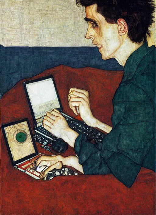 Prompt: creative coder with a computer, by egon schiele and quint buchholz, portrait, colorfull, detail