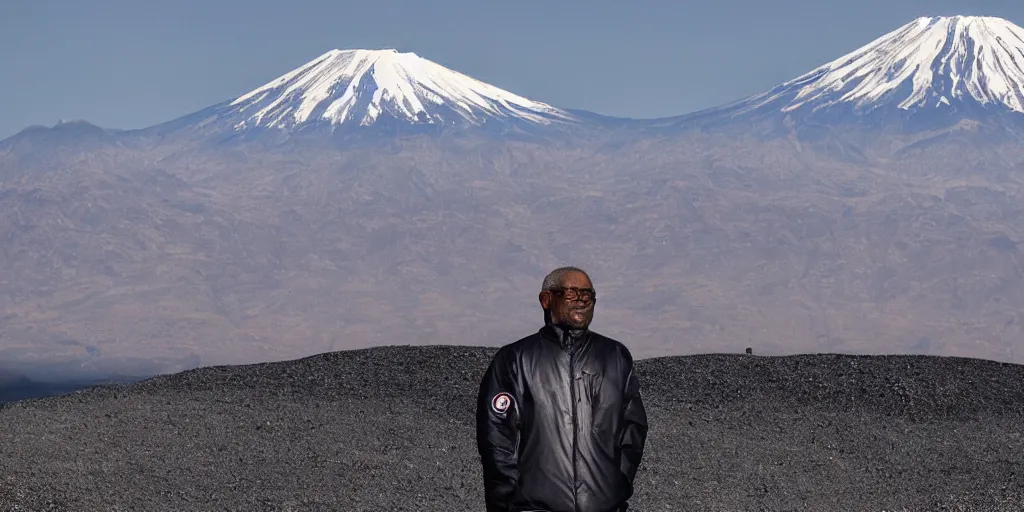 Image similar to old black man, silver metallic moncler jacket, mt fuji in background,