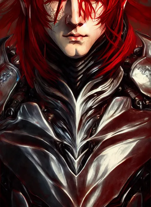 Image similar to Half body portrait of a handsome red haired elven prince in dragon scale armour. In style of Yoji Shinkawa and Hyung-tae Kim, trending on ArtStation, dark fantasy, great composition, concept art, highly detailed.
