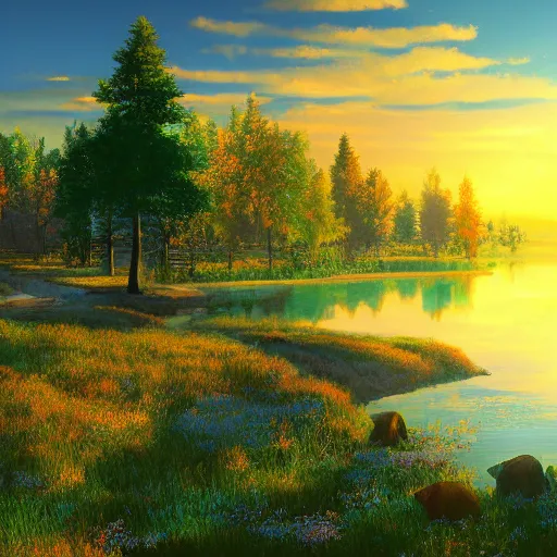 Prompt: a masterpiece detailed beautiful russian village, trees, lake, mountains, golden hour, sunset, by Makoto Shinkai