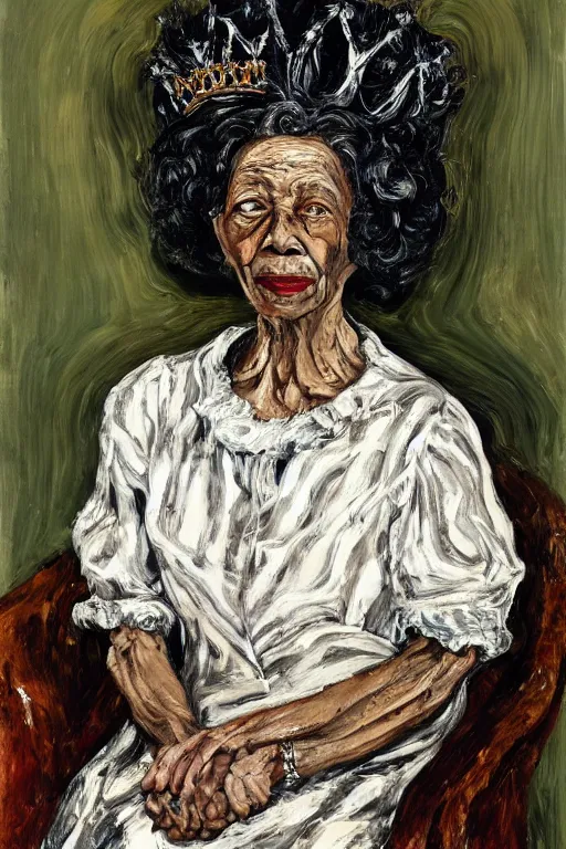 Image similar to a painted portrait of an elderly black lady with grey curly hair, wearing a crown and clothing of Queen Elizabeth the second, painted by Lucian Freud, oil on canvas, expressive, impasto