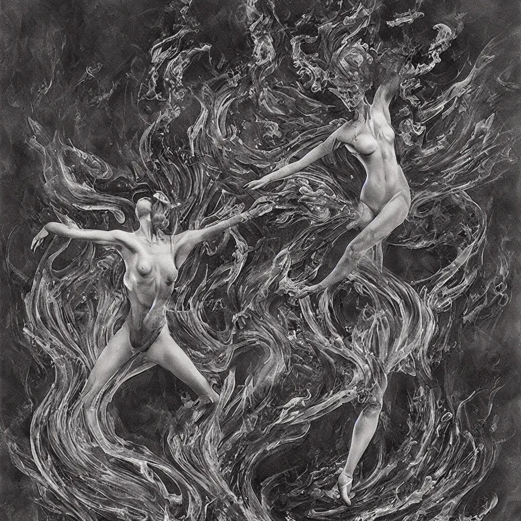 Prompt: a graceful detailed demon ballerina leaving a trail of smoke in a pool of lava by h. r. giger