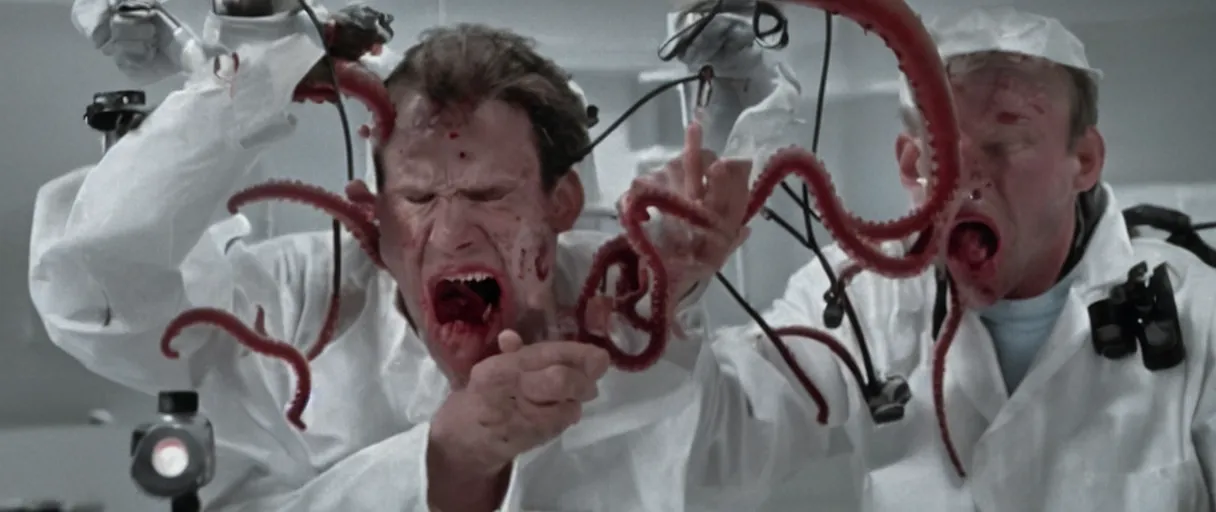 Image similar to filmic extreme close up shot movie still 4 k uhd interior 3 5 mm film color photograph of solidier screaming being grabbed by a scientist with tentacles in a bloody lab coat in a lab in antartica, 1 9 8 2