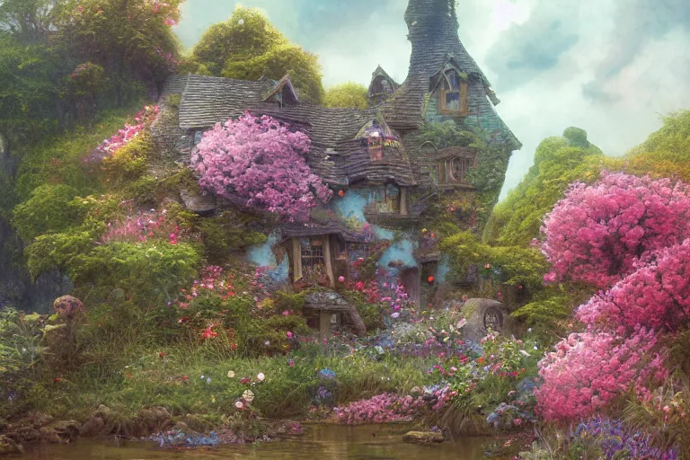 Prompt: wide angle view, a beautiful digital painting of a fairy rock house in a river, flowers, beautiful tranquil day, vivid colors, by greg rutkowski, brian froud, peter mohry, jean - baptiste monge, and alphonse mucha, symmetry, complementary colors, ink illustration, trending on artstation