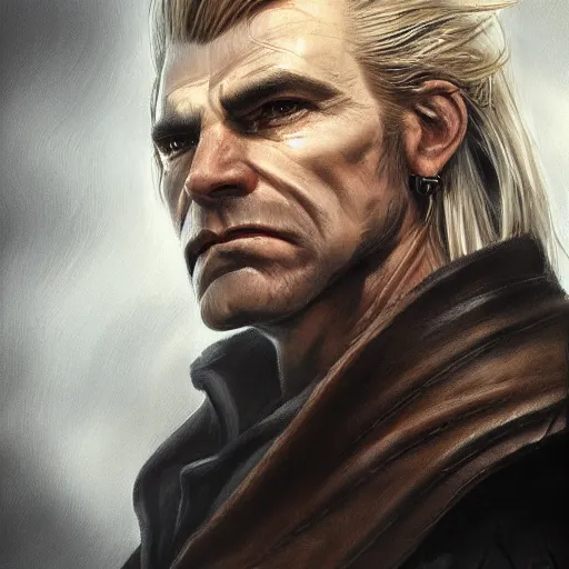 Image similar to portrait of a muscular, grim, ponytail haired blonde man in his late 30's, wearing a thick brown leather coat, looking to his side, scarred face, hunter, DnD character, fantasy character, dramatic lighting, high detail, graphite black and white by Ruan Jia, Krenz Cushart, Rossdraws and Boris Vallejo