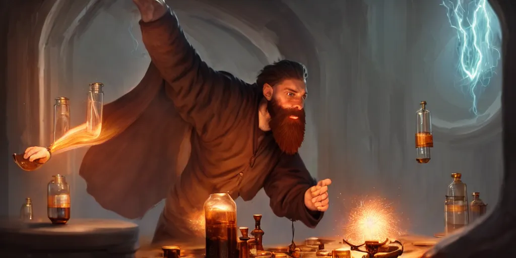 Prompt: a handsome bearded caucasian male sorcerer with brown hair he is casting a spell with flowing energy, he is in a alchemist lab filled with beakers and equipment, neutral pose, epic composition, 4 k, trending on artstation, by jason chan, greg rutkowski, rudy siswanto