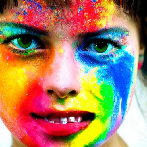 Prompt: woman crying rainbow paint, photography, ultra realistic, hd