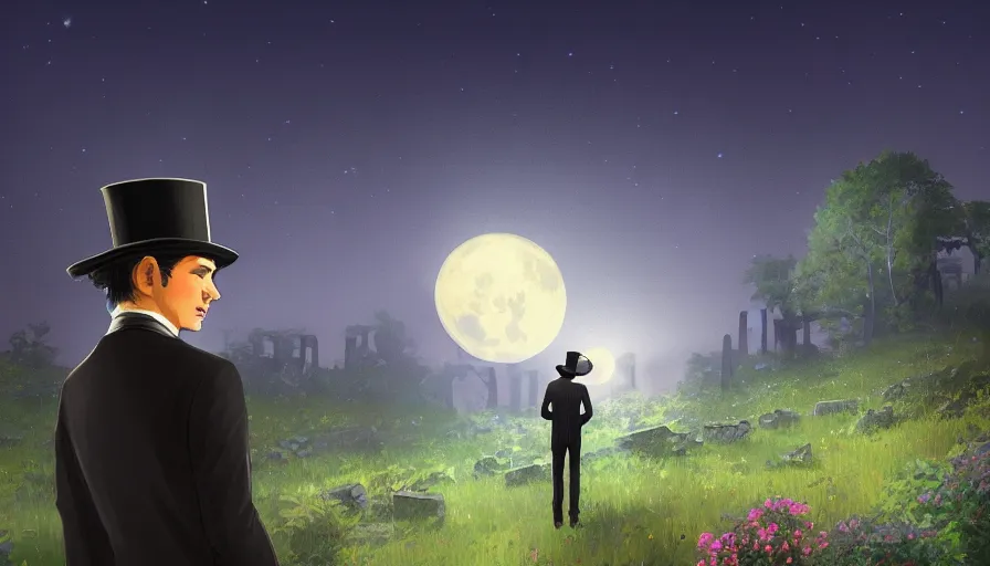 Prompt: ilya kuvshinov illustration of a gentleman in a suit and top hat watching the moon shine over the overgrown valley with ancient ruins reclaimed by nature, hazy and misty, magical feeling, night, stars uhd, high detail, by ilya kuvshinov
