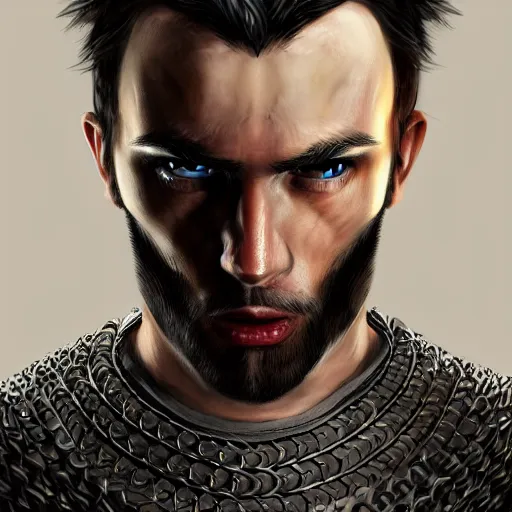 Prompt: realistic portrait, 30 year old man, spanish :: athletic, angered, short black hair :: chain mail, hauberk :: high detail, digital art, RPG, concept art, illustration