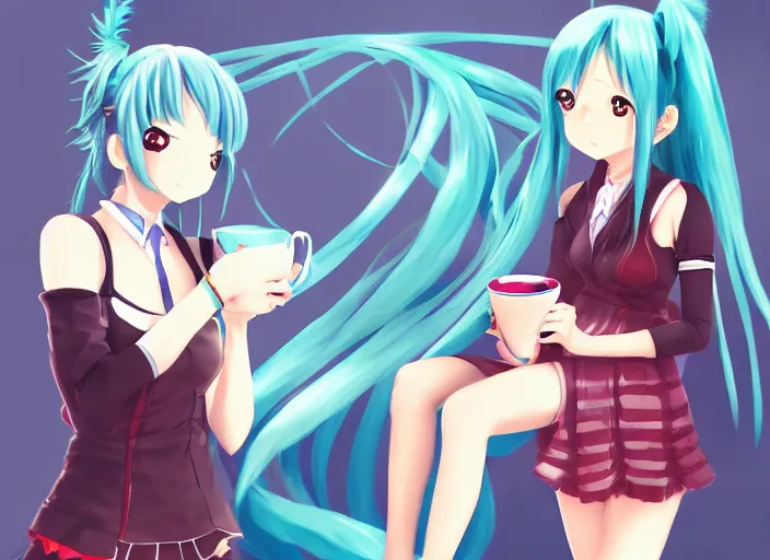 Image similar to An anime-style digital painting of anime girl Hatsune Miku and anime girl Makise Kurisu drinking a cup of tea, cgi render, trending on ArtStation, pixiv, detailed