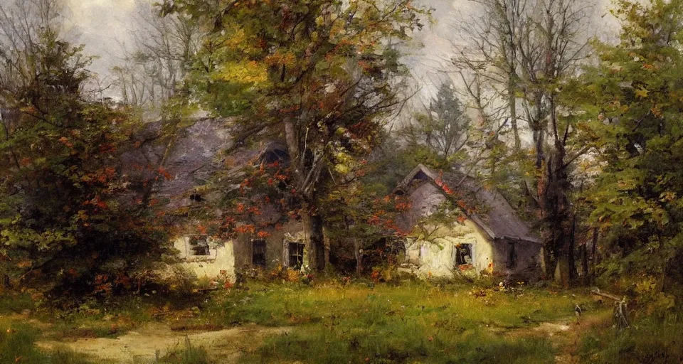 Prompt: cottage in the woods, by richard schmid