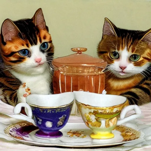 Image similar to 3 cats ( two calico and one tabby ) enjoying fancy english tea together, flickr explore