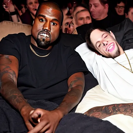 Prompt: Kanye west in a bed with Pete Davidson