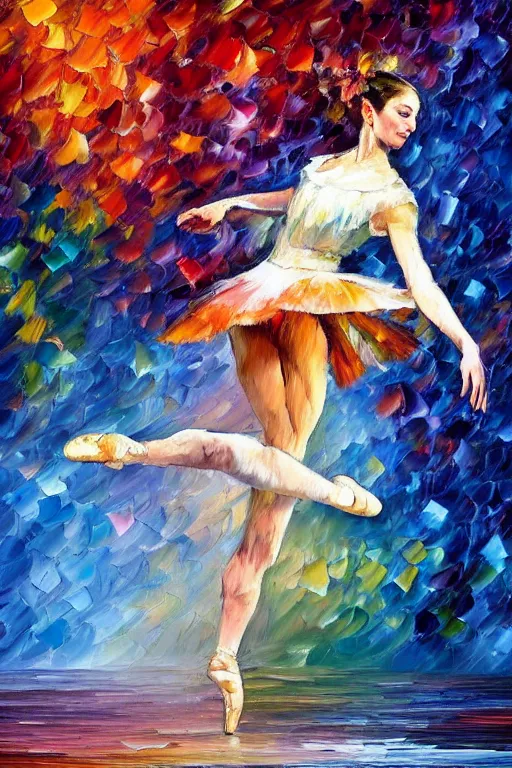 Image similar to palette knife oil painting of a leaping ballerina dancer, extreme detail, style by leonid afremov and degas, artstation, artgerm, deviant art, octane, substance, art history