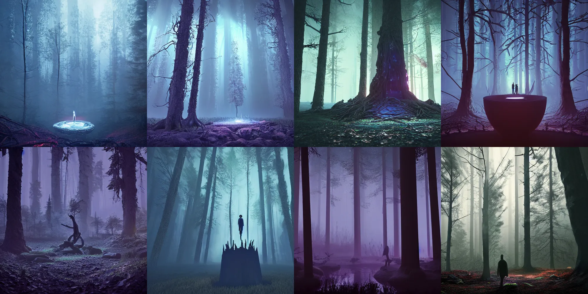 Prompt: beautiful dark forest landscape, creepy hands reaching out of a creepy glowing well, in the style of beeple and Mike Winkelmann, photo real, ultra realistic, intricate, epic lighting, 8k resolution, unreal engine 5, ultraviolet colors,