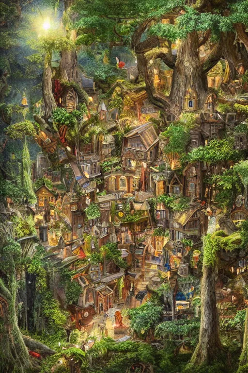 Image similar to a miniature city built into the trunk of a single colossal tree in the forest, with tiny people, in the style of james c christensen, lit windows, close - up, low angle, wide angle, awe - inspiring, highly detailed digital art