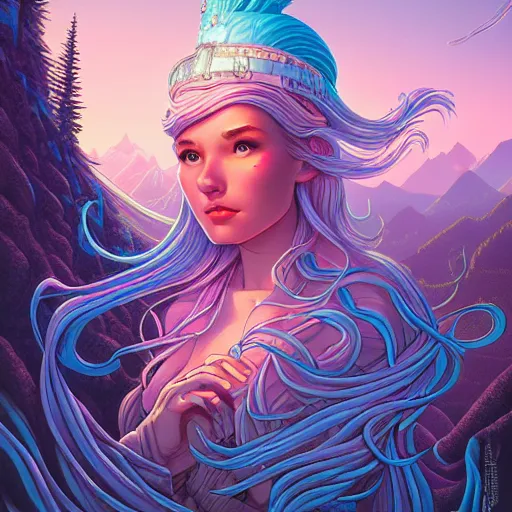 Prompt: ethereal cybernetic princess in the mountains, extremely detailed, sharp focus, wide view, full body shot, smooth, digital illustration, by lisa perrin!!!!, dan mumford, james jean, by rossdraws, frank franzzeta, sakimichan, gouache background