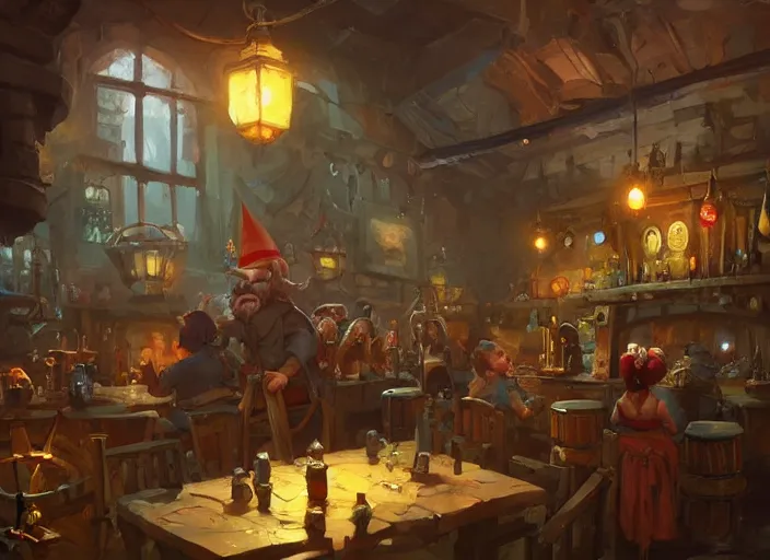 Prompt: A cheerful gnomish steampunk tavern, by Greg Rutkowski and James Gurney, trending on Artstation