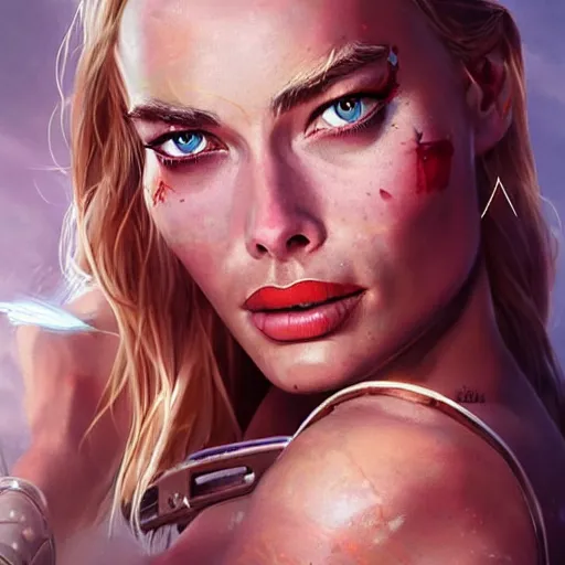 Image similar to Beautiful warrior huntress Margot Robbie has a battle scar, by WLOP by artgerm, trending, 4k digital art