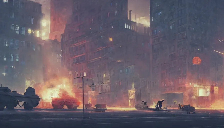 Image similar to warsaw downtown, soldiers and mech fight, simon stalenhag, 4 k, ultra detailed, explosions and smoke