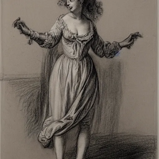 Prompt: Drawing of a woman, full body, clothed, François Boucher, red chalk, watteau