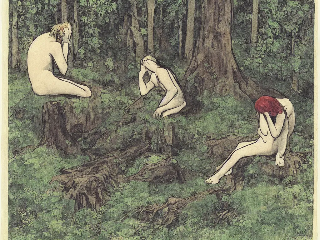 Prompt: Long shot of a sad harlequin demon sitting in the forest on a tree stump and crying. A beautiful Czech mid-century illustration by Puvis de Chavannes