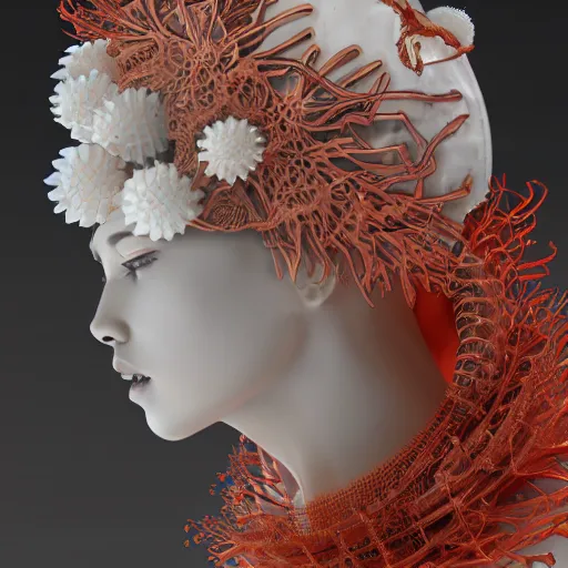 Prompt: complex 3 d render hyper detailed ultra sharp beautiful sophisticated female futuristic biomechanical samurai with carved porcelain ivory fair face, iris van herpen daisies corals cyberpunk filigree lace haute couture headdress with rhizomorph finials spires, brackets, yelllow vivid colors, fractal red puffballs, octane render, 8 k