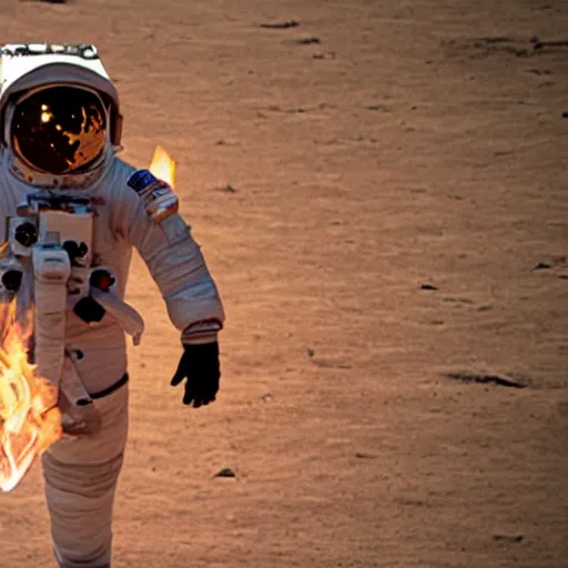 Image similar to an astronaut that’s on fire walking through a dystopian desert