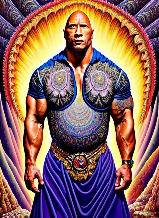 Image similar to beautiful oil painting, full length portrait of dwayne the rock Johnson in baroque coronation robes 1701, Dan Mumford, Dan Mumford, Alex grey, hyacinthe rigaurd, highly detailed , lsd visuals, dmt fractal patterns, visionary art, psychedelic art, ornate, vaporwave, baroque, Greg rutkowski