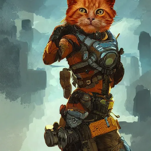 Image similar to ginger cat as apex legends character, digital illustration portrait design, by android jones and greg rutkowski, retrowave color scheme, detailed, cinematic lighting, wide angle action dynamic portrait